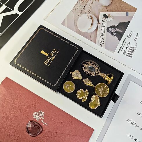 Wax Seal Stamp Set 7 Pcs Stamps with Gift Box, Seal Wax Stamps Copper Heads with Metal Handle, Wax Seal Kit for Cards Envelopes Letters Wedding Gifts (Heart, Ice Cream, Strawberry, Mountain) in Saudi Arabia