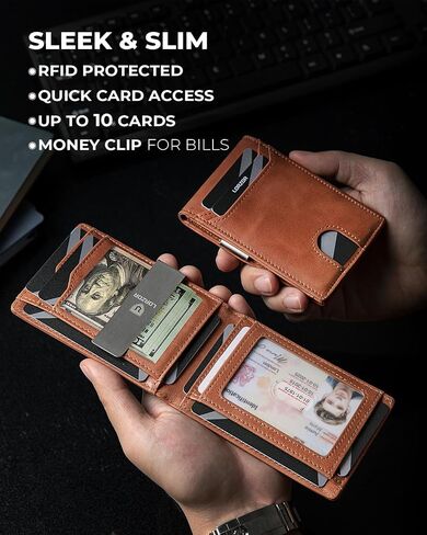 محافظ جيب أمامية بسيطة للرجال، محفظة حجب RFID رفيعة ثنائية الطي - جلد محبب بالكامل مع هدية مشبك نقود in Kuwait
