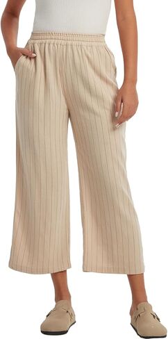 Les umes Womens Wide Leg Linen Cropped Pants High Waist Stripe Ankle Pants Loose Casual Plus Size Trousers with Pockets in Saudi Arabia