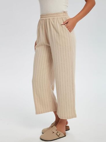 Les umes Womens Wide Leg Linen Cropped Pants High Waist Stripe Ankle Pants Loose Casual Plus Size Trousers with Pockets in Saudi Arabia