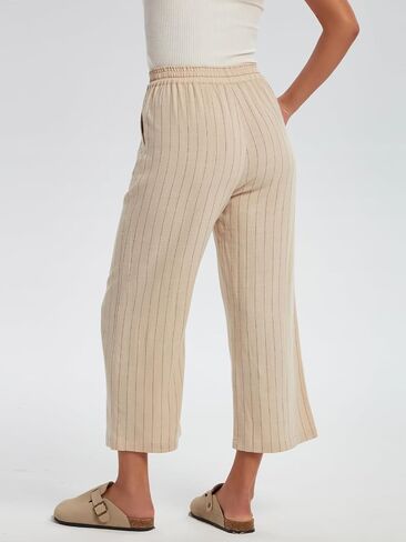 Les umes Womens Wide Leg Linen Cropped Pants High Waist Stripe Ankle Pants Loose Casual Plus Size Trousers with Pockets in Saudi Arabia