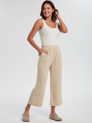 Les umes Womens Wide Leg Linen Cropped Pants High Waist Stripe Ankle Pants Loose Casual Plus Size Trousers with Pockets in Saudi Arabia