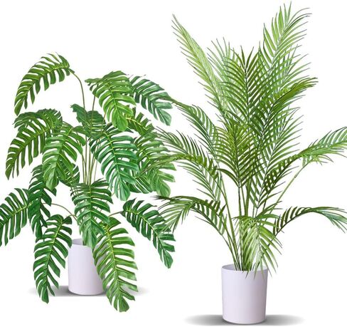 2pcs Artificial Palm Tree Fake Monstera Plants Indoor Tropical Palm Leaves Plastic Turtle Foliage Faux Green Plants for Home Office Garden Outdoor Decor (Palm and Monstera) in Saudi Arabia