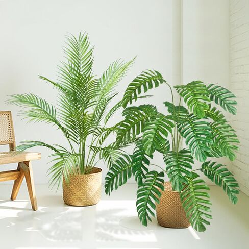 2pcs Artificial Palm Tree Fake Monstera Plants Indoor Tropical Palm Leaves Plastic Turtle Foliage Faux Green Plants for Home Office Garden Outdoor Decor (Palm and Monstera) in Saudi Arabia