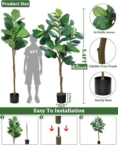 TURNMEON 5.4FT Tall Fiddle Fig Tree Artificial Ficus Lyrata Plants 65 Inch with Large Lifelike Faux Fiddle Silk Leaves Fake Tree in Pot for Indoor Outdoor Home Office Living Room Housewarming Decor in Saudi Arabia