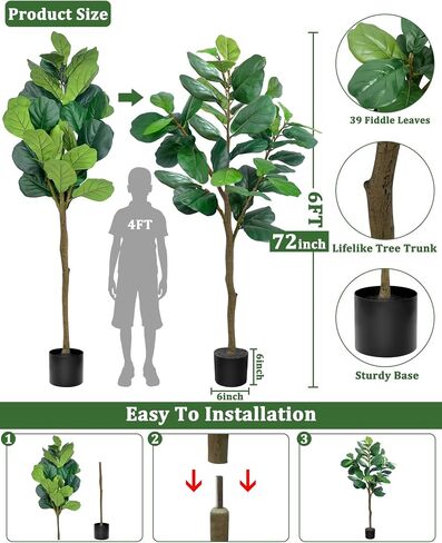 TURNMEON 5.4FT Tall Fiddle Fig Tree Artificial Ficus Lyrata Plants 65 Inch with Large Lifelike Faux Fiddle Silk Leaves Fake Tree in Pot for Indoor Outdoor Home Office Living Room Housewarming Decor in Saudi Arabia