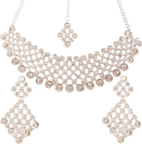 Touchstone NEW Indian Bollywood Fashion Handcrafted Appealing Workmanship Sparkling Rhinestone Grand Wedding Designer Jewelry Hasli Necklace Mangtika Set In Silver Tone For Women. in Kuwait