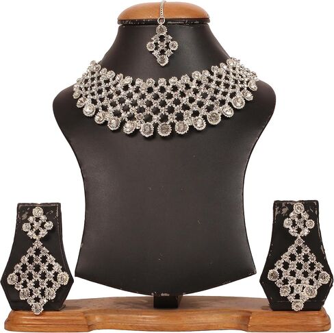 Touchstone NEW Indian Bollywood Fashion Handcrafted Appealing Workmanship Sparkling Rhinestone Grand Wedding Designer Jewelry Hasli Necklace Mangtika Set In Silver Tone For Women. in Kuwait
