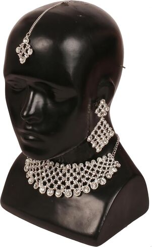 Touchstone NEW Indian Bollywood Fashion Handcrafted Appealing Workmanship Sparkling Rhinestone Grand Wedding Designer Jewelry Hasli Necklace Mangtika Set In Silver Tone For Women. in Kuwait