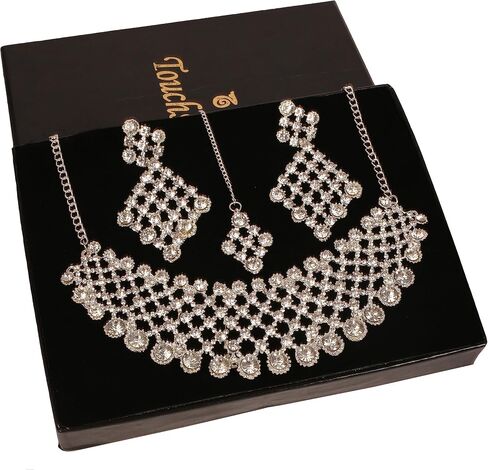 Touchstone NEW Indian Bollywood Fashion Handcrafted Appealing Workmanship Sparkling Rhinestone Grand Wedding Designer Jewelry Hasli Necklace Mangtika Set In Silver Tone For Women. in Kuwait