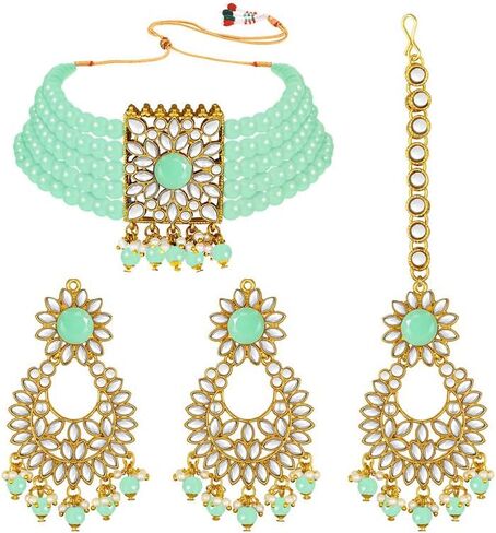 Aheli Jodha Akbar Faux Kundan Faux Pearl Choker Necklace with Earring Maang Tikka Indian Traditional Bollywood Bridal Jewelry Set for Women Girls in Saudi Arabia