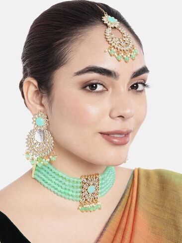 Aheli Jodha Akbar Faux Kundan Faux Pearl Choker Necklace with Earring Maang Tikka Indian Traditional Bollywood Bridal Jewelry Set for Women Girls in Saudi Arabia