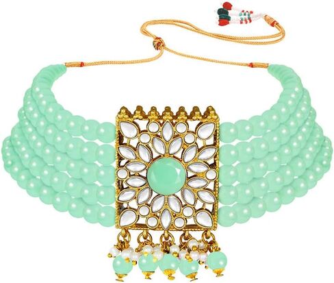 Aheli Jodha Akbar Faux Kundan Faux Pearl Choker Necklace with Earring Maang Tikka Indian Traditional Bollywood Bridal Jewelry Set for Women Girls in Saudi Arabia