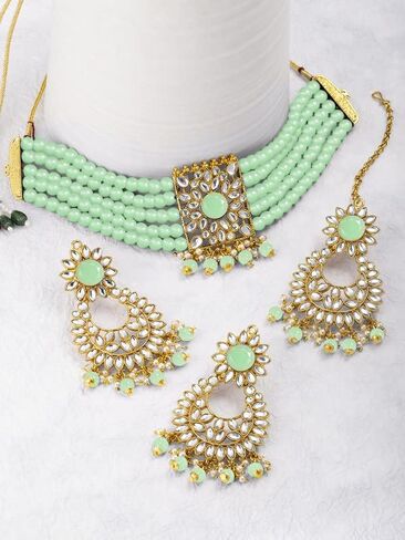 Aheli Jodha Akbar Faux Kundan Faux Pearl Choker Necklace with Earring Maang Tikka Indian Traditional Bollywood Bridal Jewelry Set for Women Girls in Saudi Arabia