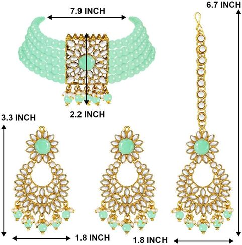 Aheli Jodha Akbar Faux Kundan Faux Pearl Choker Necklace with Earring Maang Tikka Indian Traditional Bollywood Bridal Jewelry Set for Women Girls in Saudi Arabia