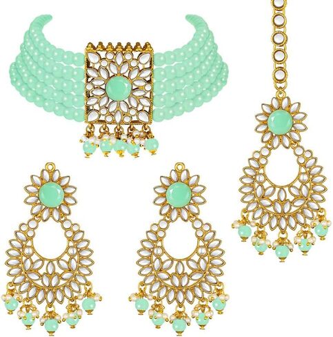 Aheli Jodha Akbar Faux Kundan Faux Pearl Choker Necklace with Earring Maang Tikka Indian Traditional Bollywood Bridal Jewelry Set for Women Girls in Saudi Arabia