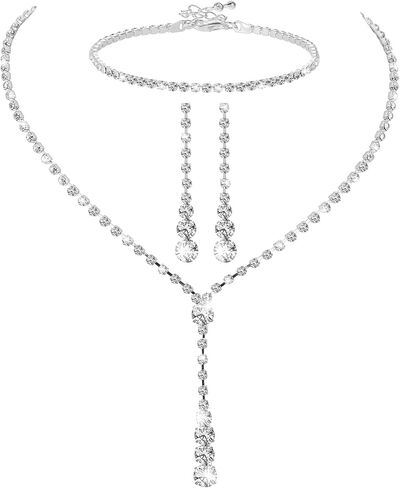 4Pcs Bridal Teardrop Necklace Dangle Earrings Rhinestone Bracelet Set Silver Wedding Jewelry Set for Women and Girls for Wedding Party in Saudi Arabia