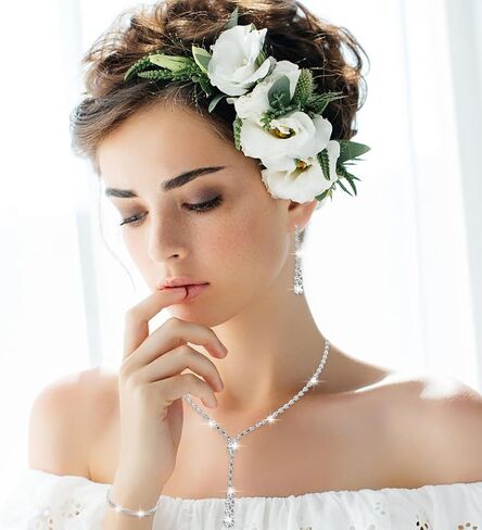 4Pcs Bridal Teardrop Necklace Dangle Earrings Rhinestone Bracelet Set Silver Wedding Jewelry Set for Women and Girls for Wedding Party in Saudi Arabia