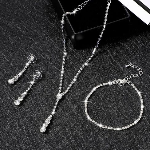 4Pcs Bridal Teardrop Necklace Dangle Earrings Rhinestone Bracelet Set Silver Wedding Jewelry Set for Women and Girls for Wedding Party in Saudi Arabia