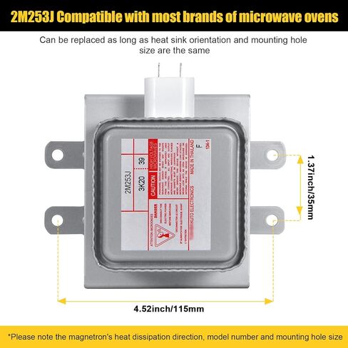 New Upgraded W10693025 Magnetron 2M253J(XB), Air Cooled Microwave Oven Magnetron, 1000 Watt Power for 2M240J (L) 2M303J (L) OM75P (10) 2M219J 2M226 2M248J 2M248J(XB) (Foot Hole 2) in Kuwait