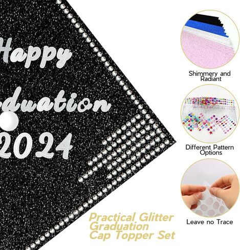 SPOKKI Graduation Cap Decorations Kit,- 16 Pcs Glitter Cardstock For Graduation Cap Topper,Alphabet Stickers,Crystal Stickers For Graduation Caps Decoration (B) in Saudi Arabia