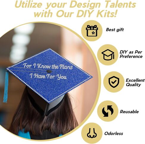 SPOKKI Graduation Cap Decorations Kit,- 16 Pcs Glitter Cardstock For Graduation Cap Topper,Alphabet Stickers,Crystal Stickers For Graduation Caps Decoration (B) in Saudi Arabia