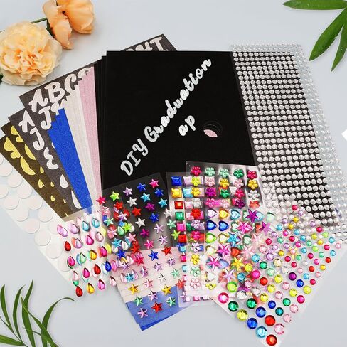 SPOKKI Graduation Cap Decorations Kit,- 16 Pcs Glitter Cardstock For Graduation Cap Topper,Alphabet Stickers,Crystal Stickers For Graduation Caps Decoration (B) in Saudi Arabia
