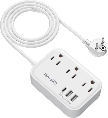 European Travel Plug Adapter(13A), US to Europe Plug Adapter with USB C(3.4A), 3 AC Outlets 3 USB Ports 5ft Extension Cord, Type E/F International Power Adapter for USA to Germany France Iceland Spain in Saudi Arabia