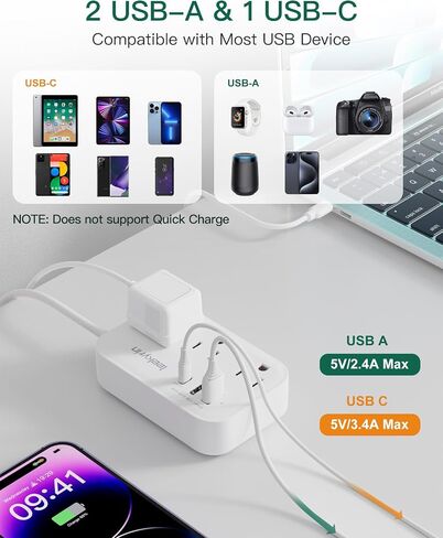 European Travel Plug Adapter(13A), US to Europe Plug Adapter with USB C(3.4A), 3 AC Outlets 3 USB Ports 5ft Extension Cord, Type E/F International Power Adapter for USA to Germany France Iceland Spain in Saudi Arabia