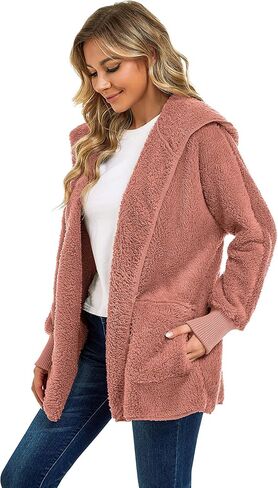 سترة CHICGAL النسائية الغامضة معطف شيربا مفتوح من الأمام وغطاء للرأس مع جيوب برتقالية (وردي، L) in Kuwait