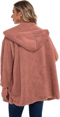 سترة CHICGAL النسائية الغامضة معطف شيربا مفتوح من الأمام وغطاء للرأس مع جيوب برتقالية (وردي، L) in Kuwait