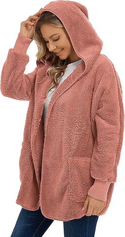 سترة CHICGAL النسائية الغامضة معطف شيربا مفتوح من الأمام وغطاء للرأس مع جيوب برتقالية (وردي، L) in Kuwait