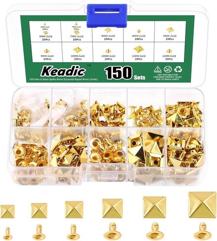 Keadic 300Pcs Gold Punk Spike Studs Assortment Set with Plastic Case, 6mm/7mm/8mm/9mm/10mm/12mm Square Pyramid Rivet Nailheads Leathercraft Decorations for DIY Leather Clothing Shoes Bags in Saudi Arabia