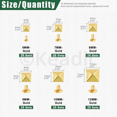 Keadic 300Pcs Gold Punk Spike Studs Assortment Set with Plastic Case, 6mm/7mm/8mm/9mm/10mm/12mm Square Pyramid Rivet Nailheads Leathercraft Decorations for DIY Leather Clothing Shoes Bags in Saudi Arabia