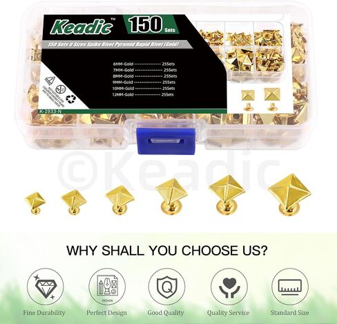 Keadic 300Pcs Gold Punk Spike Studs Assortment Set with Plastic Case, 6mm/7mm/8mm/9mm/10mm/12mm Square Pyramid Rivet Nailheads Leathercraft Decorations for DIY Leather Clothing Shoes Bags in Saudi Arabia