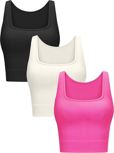 VVX Women's 3 Piece Ribbed Crop Tank Tops - Square Neck Seamless Workout Cropped Top Yoga Tanks for Women in Saudi Arabia