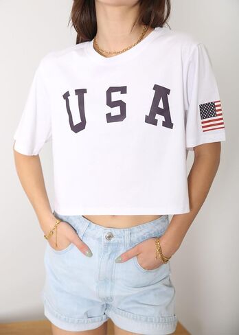 Anna-Kaci Women's Letter Print Crop Top Summer Short Sleeve July 4th USA American Flag T-Shirt in Saudi Arabia