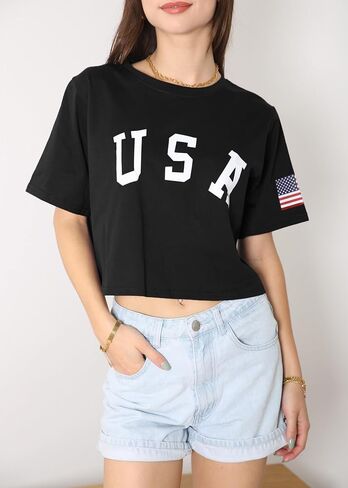 Anna-Kaci Women's Letter Print Crop Top Summer Short Sleeve July 4th USA American Flag T-Shirt in Saudi Arabia