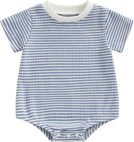 Newborn Baby Girl Boy Clothes Short Sleeve Stripe Bubble Romper Waffle Bodysuit Tshirt Cute Summer Outfit in Saudi Arabia