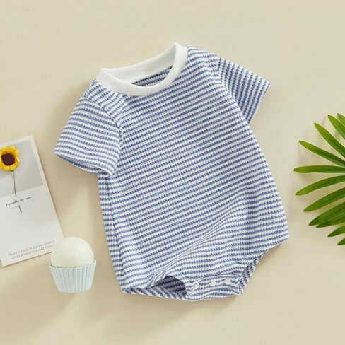 Newborn Baby Girl Boy Clothes Short Sleeve Stripe Bubble Romper Waffle Bodysuit Tshirt Cute Summer Outfit in Saudi Arabia