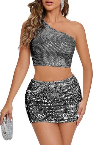 Women's Sequin Skirt Elastic High Waisted Stretchy Bodycon Mini Night Out Party Sparkle Novelty Skirts in Saudi Arabia