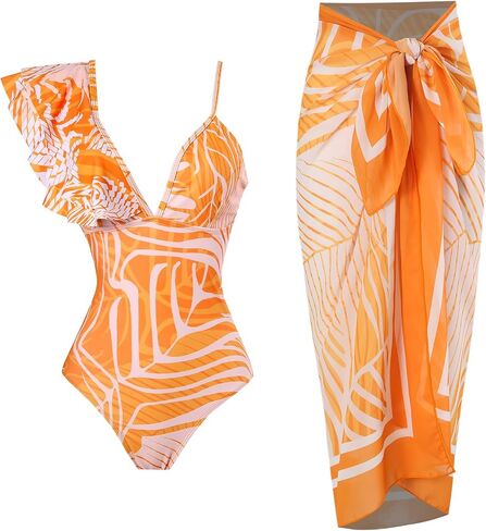 IMEKIS Women 2 Piece Swimsuit Monokini with Cover Ups Ruffles Tropical Bikini Set Summer Holiday Bathing Suits in Saudi Arabia