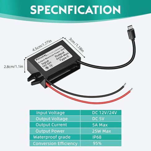 محول طاقة تيار مستمر 12 فولت/24 فولت إلى 5 فولت USB C، واجهة من النوع C، 5 أمبير 25 وات، محول طاقة وحدة باك مقاومة للماء متوافق مع Raspberry Pi 4، الهواتف المحمولة 2 حزمة in Kuwait