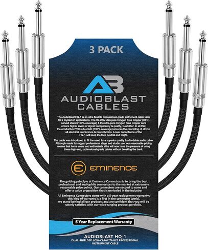 Audioblast - 3 وحدات - 1.5 قدم - HQ-1 - جديلة (أسود) مرنة - محمية مزدوجة (100%) - كابل تصحيح دواسة تأثيرات آلة الجيتار مع مقابس TS مستقيمة ¼ بوصة (6.35 مم) وأحذية مزدوجة متداخلة in Kuwait