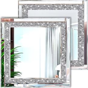 Crystal Crush Diamond Silver Mirror 12'' x 12'' 2PCS,Frameless Stylish Gorgeous Diamond Decor Glam Glass Mirror. for Bedroom Bathroom Hanging Mirror Home for Wall Decor.