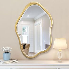 Irregular Wall Mirror, 24"X36" Gold Asymmetrical Bathroom Vanity Mirror, Wood Framed Cloud Mirror Decorative Mirror for Washroom, Bedroom, Entryway