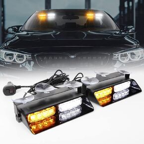 Amber White 2 In 1 Emergency Dash Strobe Lights,18 Flashing Mode Interior Windshield Deck Split Hazard Safety Warning with Suction Cups for Construction Car Trucks Vehicles-2PCS