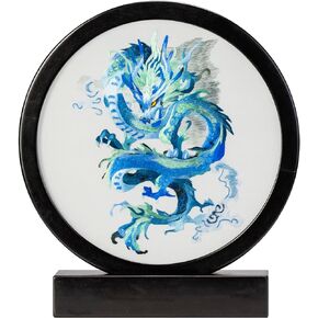 Ebherys Embroidery Art, 8" Round Screen for Desk Top, Pure Hand Needlework on Silk Mat Framed with Wenge Wood Frame, Chinese Style Desk Décor, Special Gifts (Crane)