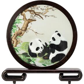 Ebherys Embroidery Art, 8" Round Screen for Desk Top, Pure Hand Needlework on Silk Mat Framed with Wenge Wood Frame, Chinese Style Desk Décor, Special Gifts (Crane)