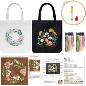 Homiton 2 Pack Embroidery Kit Canvas Tote Bag with Patterns for Beginners, Personalized Canvas Bag Cross Stitch Kits, Bamboo Embroidery Hoops, Tools, English Instruction for DIY (Black,White)